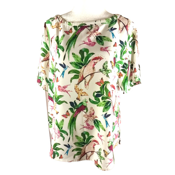 Ann Taylor Factory Women's Shirt Size Medium Birds Cream Green Shirt Sleeve - Picture 1 of 7